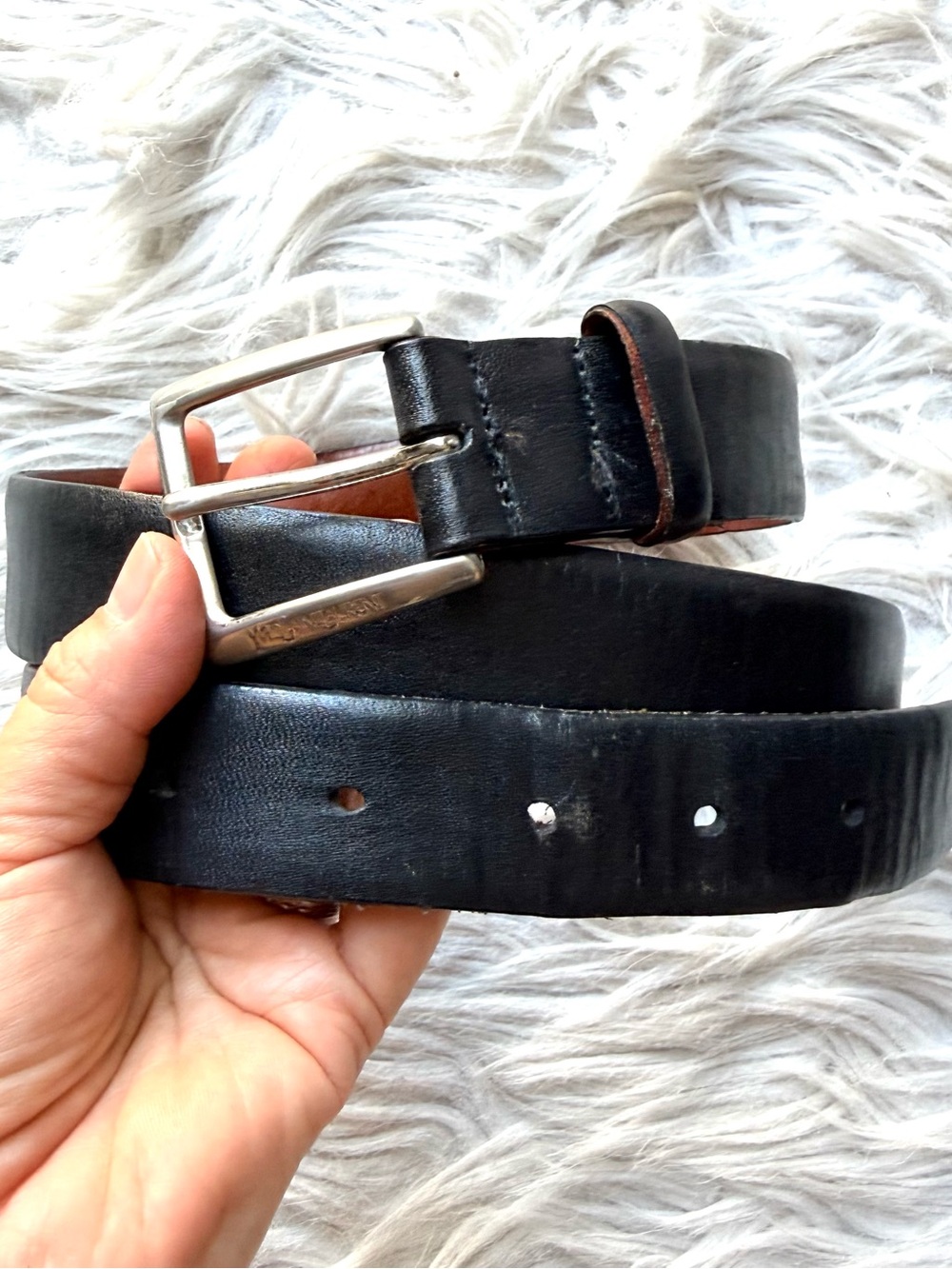 Vintage Yves Saint Laurent YSL Black Leather Belt Silver Buckle 34/85 USA Italy